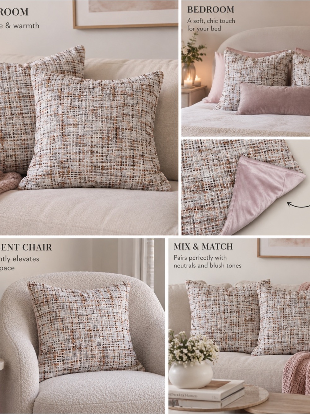 Decorative 18x18” Throw Pillow uuCovers Neutral Tweed with Blush Velvet Backing
